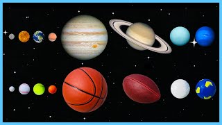 Planet Sizes vs Sport Balls 🪐🌎🔭☄️⭐⚽⚾🏈🥎🏀 | Planets Comparison for Baby | Planets for Kids | Planets