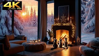 4K🔥 Cozy Winter Cabin Ambience ❄ Sunset Glow with Crackling Fireplace \u0026 Snowfall Relaxation