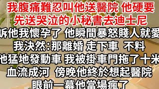 我腹痛難忍叫他送醫院，他硬要先送哭泣的小秘書去迪士尼，告訴他我懷孕了 他瞬間暴怒賤人就愛演，我決然那離婚走下車，不料他猛地發動車 我被掛車門拖了十米血流成河，傍晚他終於想起醫院 眼前一幕他當場瘋了