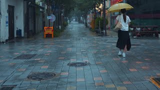 [4K] Relaxing walk in the heavy rain at city alley. Heavy rain, but quiet street. Rain sound ASMR