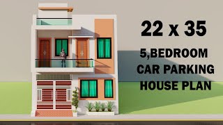 5 Bedroom Car parking house plan,3D 22 by 35 makan ka naksha,car parking house elevation,3D house
