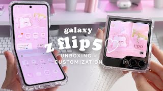samsung galaxy z flip 5 unboxing + customization 🎀🐻‍❄️ | cute & aesthetic android theme tutorial ✨