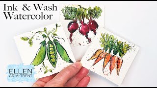 EASY Ink & Wash Watercolor Tutorial for beginners- Mini Monday Madness Veggies