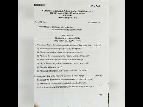 3rd Sem B.com Generic English Question Paper Bangalore University 22-23 ...