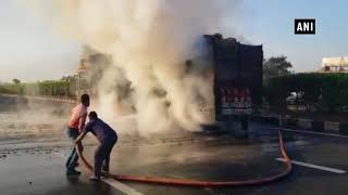 Watch: Truck catches fire on highway near Nadiad