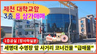 ★제천올상가건물매매 세명대학교정문앞 사거리코너 3층상가건물매매 다목적체육관 수영장개장으로 일반인 유동인구 급증 1~3층 올상가건물 ♣베이커리카페 커피전문점 퓨전레스토랑등 \