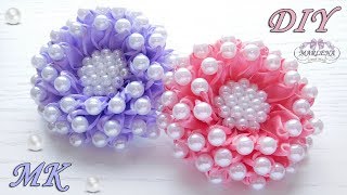 Цветы из узких лент с бусинами/ Flowers of ribbons with beads/ Kanzashi DIY