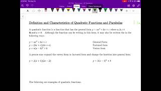 PC11 1.1a Definition and Characteristics of Quadratic Functions