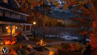 Autumn Lakeside Cottage | Night Ambience | Windchimes, Lakeshore, Firepit & Forest Nature Sounds