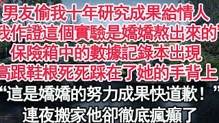 男友偷我十年研究成果給情人，“我作證這個實驗是嬌嬌熬出來的”保險箱中的數據記錄本出現，高跟鞋根死死踩在了她的手背上“這是嬌嬌的努力成果快道歉！”連夜搬家他卻徹底瘋癲了【顧亞男】【高光女主】【爽文】