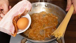 たまねぎの貧乏人風とカルボナーラをかけ合わせたら美味しいパスタが完成しました【 料理レシピ 】