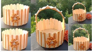Diy Ice cream Stick Flower Basket /Amazing Basket Idea with Popsicle Sticks /Popsicle Stick Craft