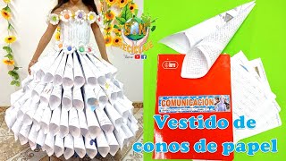 ¡SUPER FÁCIL DE HACER! Vestido de reciclaje hecho con conos de papel de cuadernos usados paso a paso