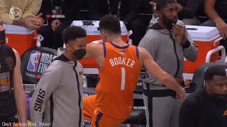 Devin Booker not happy with ref and kicks the chair after this play 👀 Suns vs Bucks Game 4