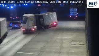 [WTF] Georgia: Tractor Trailer Drifts Backwards Onto I-285 \u0026 Gets Hit By Another Tractor Trailer