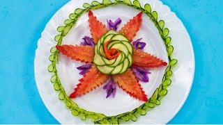 Elegant Zucchini & Carrot Rose Flower- Tomato Carving with Cucumber Arts, Designs & Garnishes