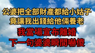 公婆把全部財產都給小姑子，竟讓我出錢給他倆養老，我當場宣布離婚，下一句婆婆瞬間嚇傻【煙雨夕陽】#情感故事 #爽文 #為人處世 #中年 #故事 #幸福人生