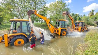 JCB 3DX 3 vs 6 Clown Drivers and Helpers Enjoyable Washing in River | jcb video