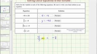 Ex: Solve One Step Linear Equations in OneVariable (Mult/Div)