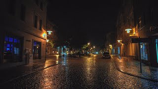 Walk in heavy rain at night to sleep in Aschersleben 4k