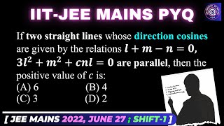 If two straight lines whose direction cosines are given by relations l+m-n=0 | Vector 3D | #jee #iit