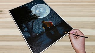 How to Draw a Couple Under the Moonlight / Acrylic Painting For Beginners / STEP by STEP