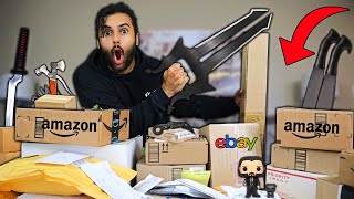 OPENING MYSTERY PACKAGES Filled With REAL LIFE VIDEO GAME WEAPONS!! *HALO ENERGY SWORD GUANTLET!!*