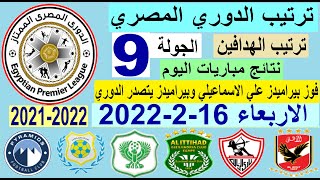 ترتيب الدوري المصري وترتيب الهدافين ونتائج مباريات اليوم الاربعاء 16-2-2022 الجولة 9  - فوز بيراميدز