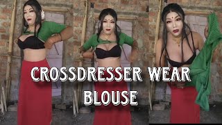 crossdresser in saree boy to girl transformation full body make-up with green blouse.