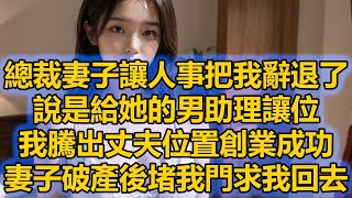 總裁妻子讓人事把我辭退了，說是給她的男助理讓位，我騰出丈夫位置創業成功，妻子破產後堵我門求我回去