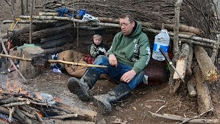 Survival Camping with 3 Yr Old - Building Survival Shelter with Shovel
