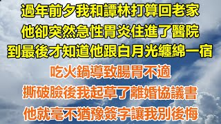 （完結爽文）過年前夕我和譚林打算回老家，他卻突然急性胃炎住進了醫院，到最後才知道他跟白月光纏綿一宿，吃火鍋導致腸胃不適，撕破臉後我起草了離婚協議書，他就毫不猶豫簽字讓我別後悔！#幸福#出軌家產#白月光