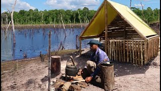 Building complete survival shelter – Solo bushcraft cooking, Roast pate, Drink tea