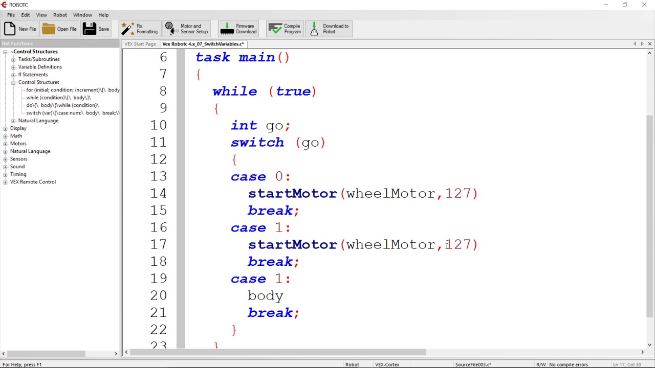 Vex Robotc 4.x : 07 : Switch Statements And Int Variables - YouTube