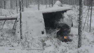 Bushcraft Winter Camping -  Natural Shelter in Windy Snowy Conditions