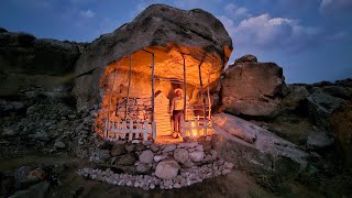 emergency warm shelter at wild forest in highest point with a canopy courtyard/view of sky and river