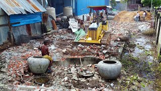 Perfect New Project!! Bulldozer Komatsu D21A Pushing Soil Filling in Cracked Old House & 5ton Truck.