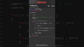 Best C++ pattern program tutorial video || 💯🧠 #coding #shorts #codewriter07