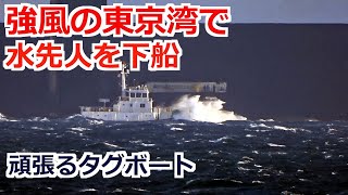 大荒れの海で水先人の下船に頑張るタグボート 2023年11月24日