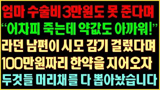 [반전실화사연] 엄마 수술비 3만원도 못준다며 “어차피 죽는데 약값도 아까워!”라던 남편이 시모 감기걸렸다며 100만원짜리 한약을 지어오자 두것들 머리채를 다 뽑았습니다|커피엔톡