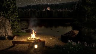 Campfire by the Lake - crackling fire sounds | Bonfire & Crickets & Frog sounds 8 hours