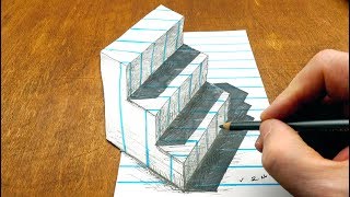 Drawing  3D Stairs on Line Paper - Staircase Trick Art - By Vamos
