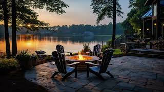 Sitting by the Lake with Campfire Burning and Relaxing Lakeshore Water Sound, Birdsong, Nature sound