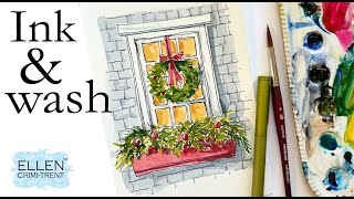 Watercolor Christmas Window Card Tutorial/ Ink and Wash for beginners
