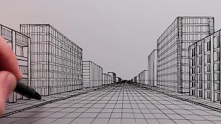 How to Draw a City using 1-Point Perspective: Simple Pen Drawing