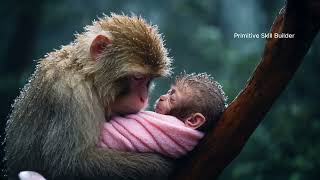 Mother Monkey Comforts Baby During Rainstorm