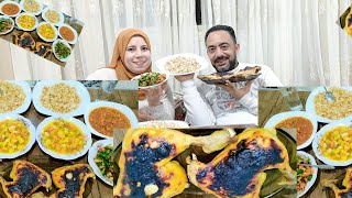 تحدي معركة الطعم المطلقة بيني وبين أمال 🍗🔥أفخاذ الدجاج النارية، 🍀 البسلة، 🍚🍜الرز بالشعرية، و🥗 السلطة