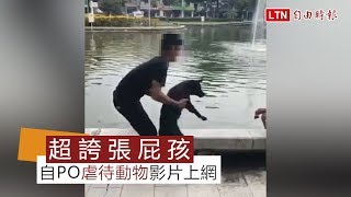 囂張！屁孩公園抓鴿子玩扔狗進水池 自PO影片上網(擷取自臉書)