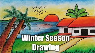 🌲 Winter Season Drawing 🌴  How to draw Winter Season || Winter Scenery drawing easy @Tunirvhubon