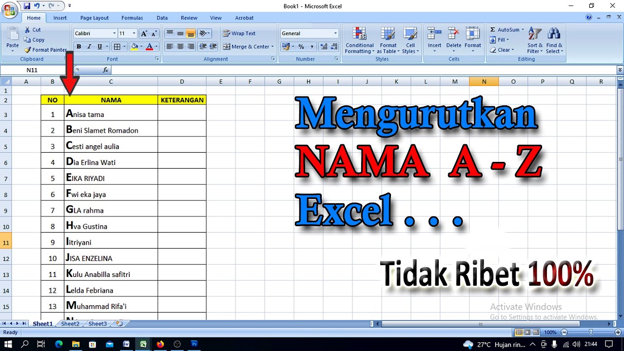 Cara Mengurutkan NAMA Sesuai ABJAD Pada Excel - YouTube